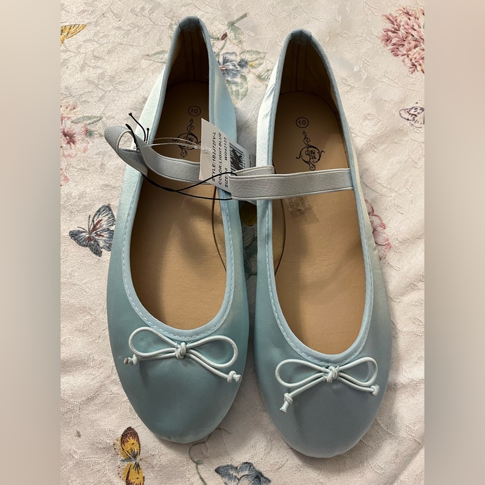 Women’s Light Blue Ballet Flats with Bow and Elastic Strap